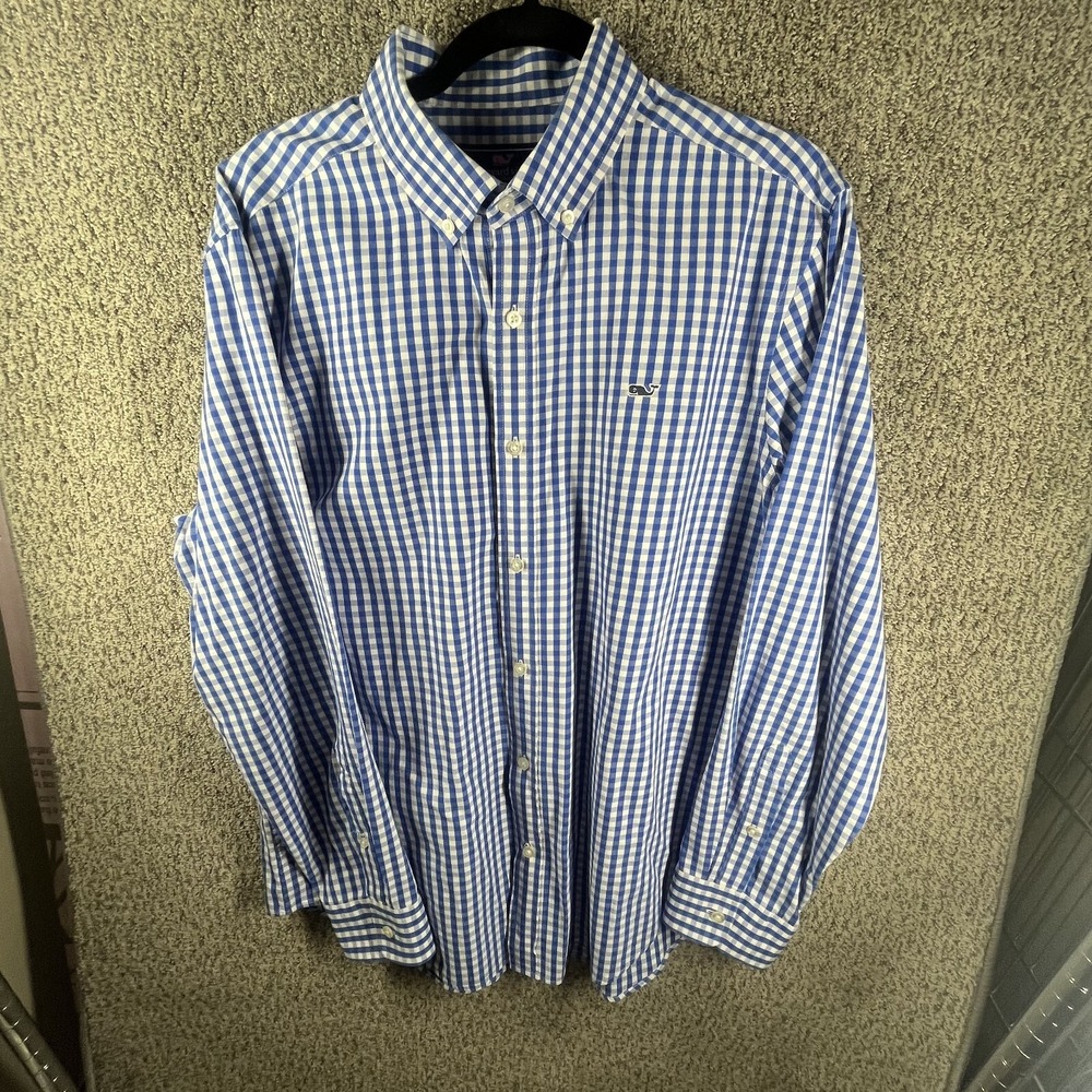Vineyard Vines Mens Large Blue White Plaid Whale Shirt 100% Cotton Embroidered